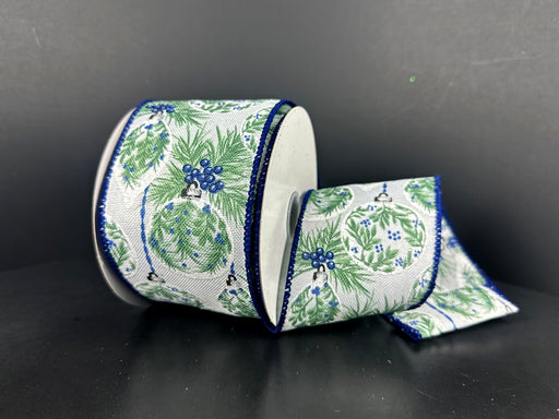 White Linen/Green-Blue Ornaments Hanging From Holly, 2.5"X10Y 71644-40-27
