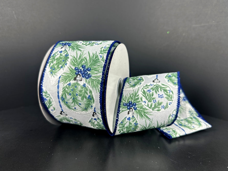 White Linen/Green-Blue Ornaments Hanging From Holly, 2.5"X10Y 71644-40-27