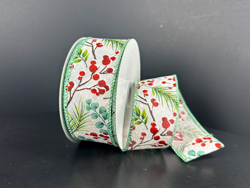 White Linen Teal Eucalyptus Snow Berries Ribbon 71645-09-06