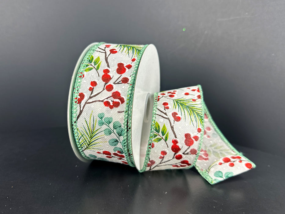 White Linen Teal Eucalyptus Snow Berries Ribbon 71645-09-06