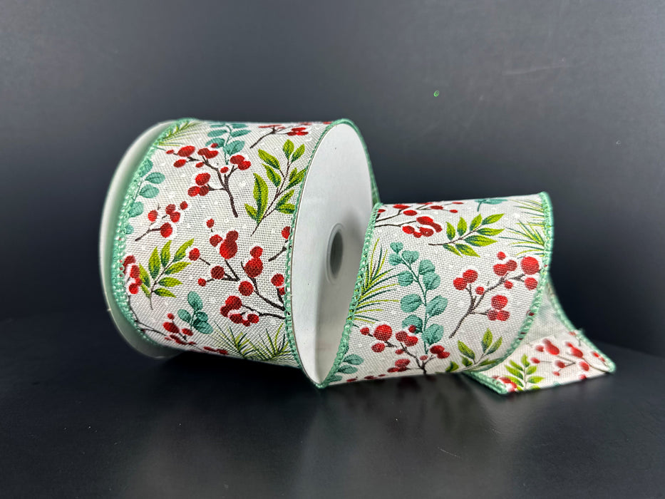 White Linen Teal Eucalyptus Snow Berries Ribbon 71645-40-06