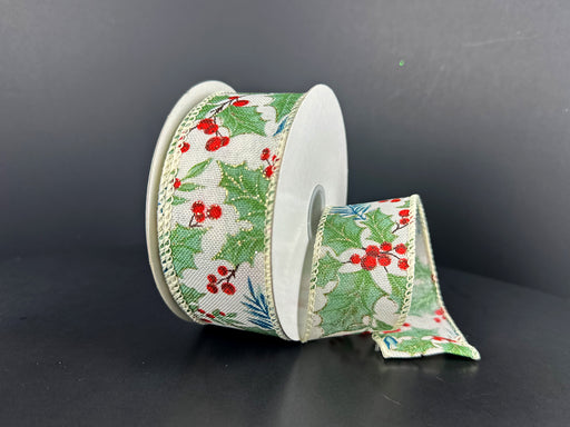 Ivory Linen/Mint Holly Leaves-Blue Leaves, 1.5"X10Y 71646-09-05