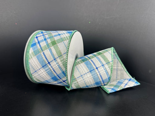 Ivory Linen/Blue-Green Diagonal Print Plaid, 2.5"X10Y 71653-40-05