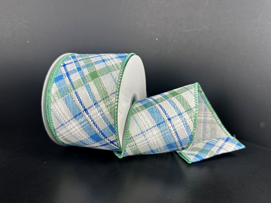 Ivory Linen/Blue-Green Diagonal Print Plaid, 2.5"X10Y 71653-40-05