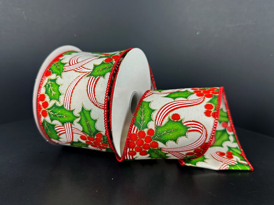 Ivory Satin/Holly-Red/White Ribbon, 2.5"X10Y 71659-40-18
