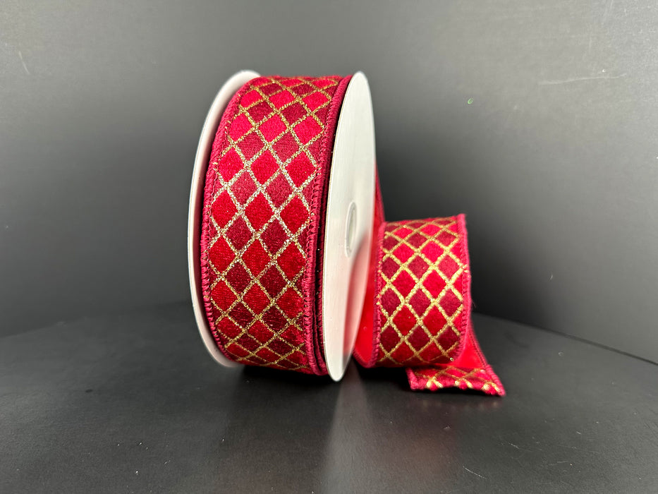 Dark Red-Burgundy-Gold Velvet Diamond Harlequin Ribbon 71664-09-13
