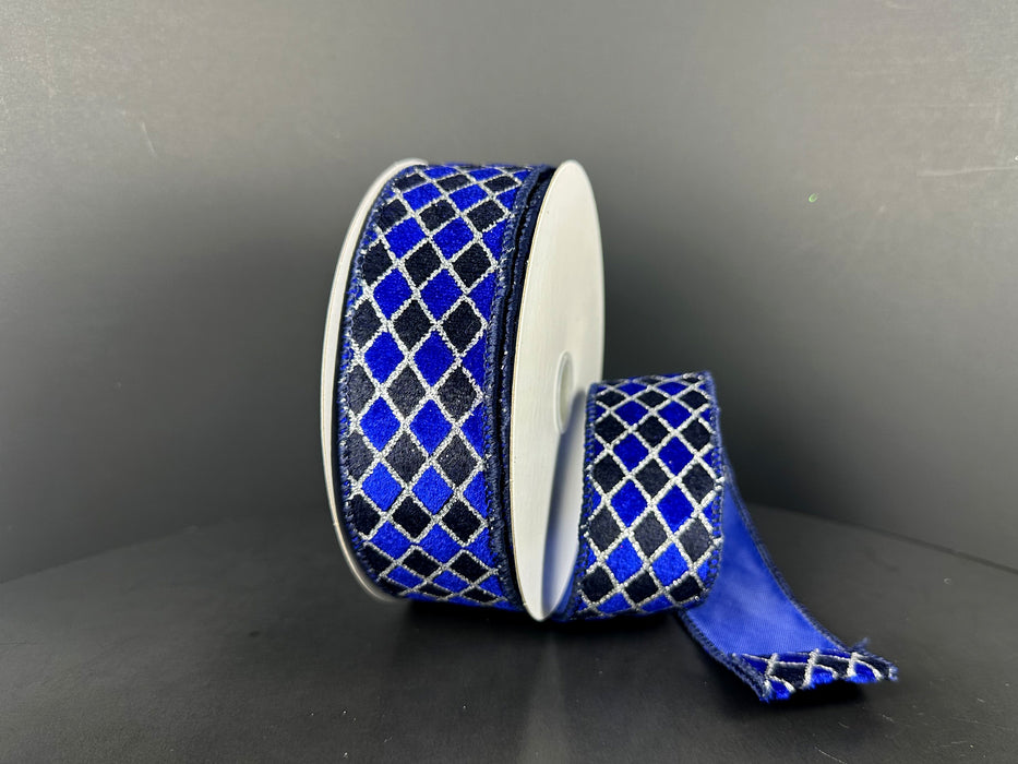 Black-Blue-Silver Velvet Diamond Harlequin Ribbon 71664-09-27