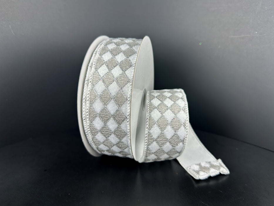 White-Grey-Silver Velvet Diamond Harlequin Ribbon 71664-09-51