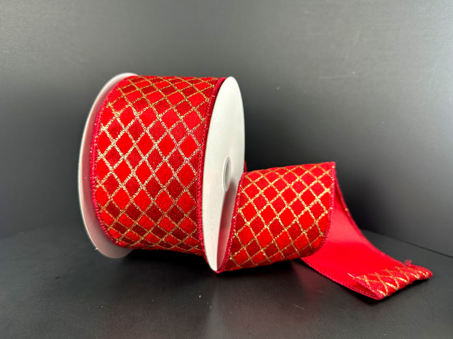 Red-Dark Red-Gold Velvet Diamond Harlequin Ribbon 71664-40-12