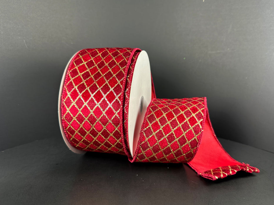 Dark Red-Burgundy-Gold Velvet Diamond Harlequin Ribbon 71664-40-13