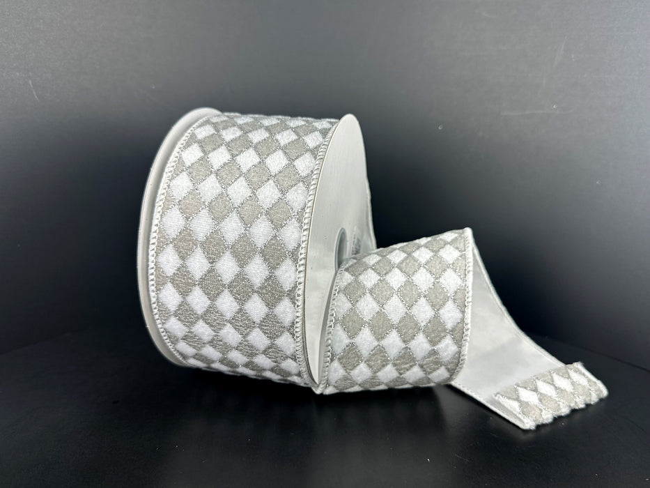 White-Grey-Silver Velvet Diamond Harlequin Ribbon 71664-40-51