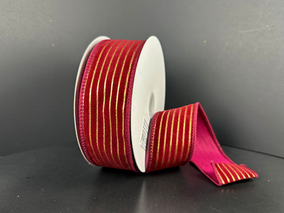 Burgundy Velvet Gold Pressed Thin Stripes Ribbon 71665-09-10