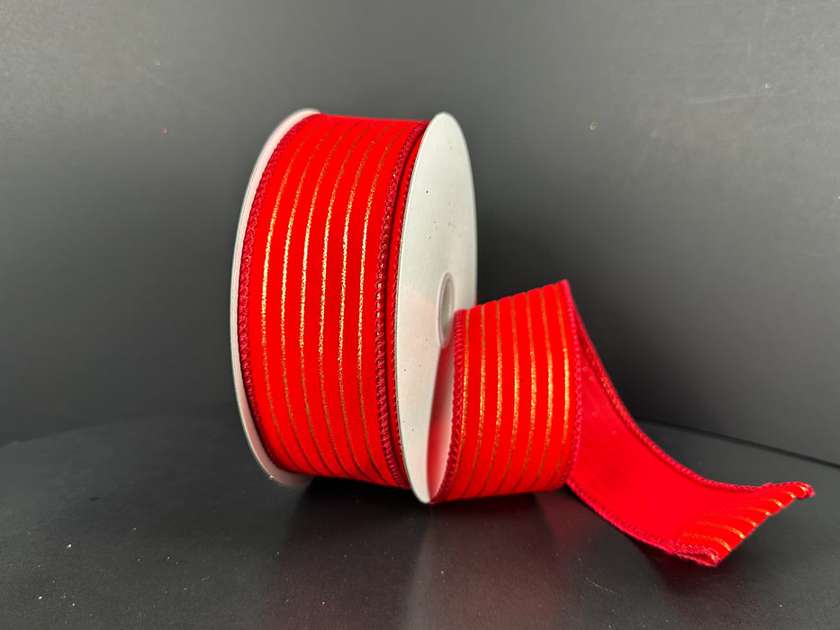 Red Velvet Gold Pressed Thin Stripes Ribbon 71665-09-15