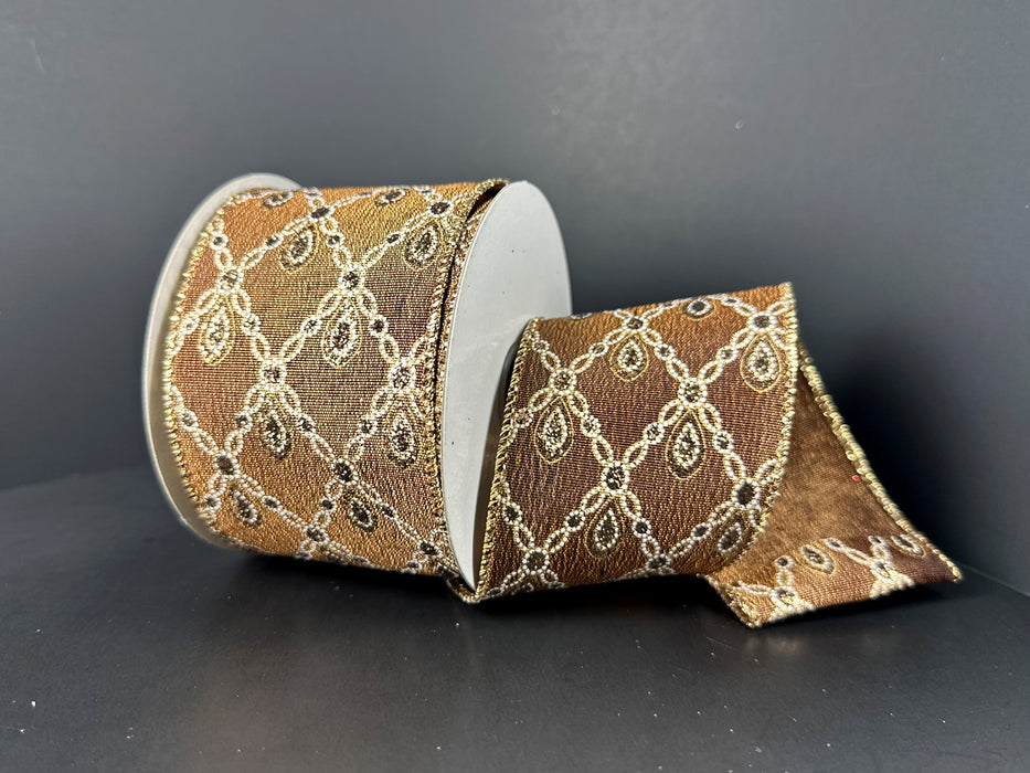 Brown Metallic Satin/Gold-White Jewel Diamonds, 2.5"X10Y 71673-40-47
