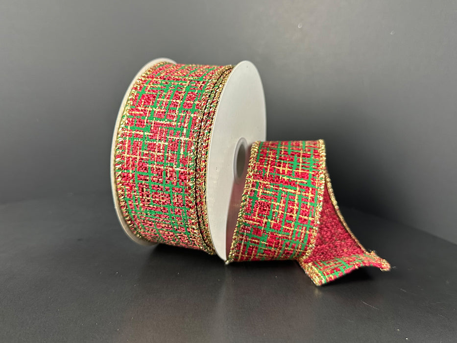 Red Linen Green-Gold Tweed Print Ribbon 71676-09-13