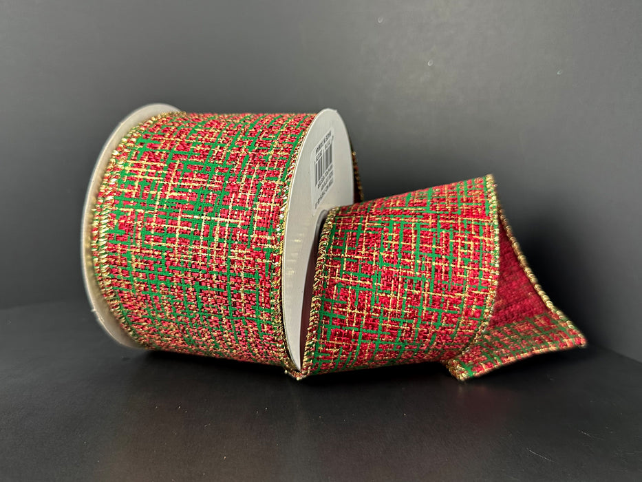 Red Linen Green-Gold Tweed Print Ribbon 71676-40-13