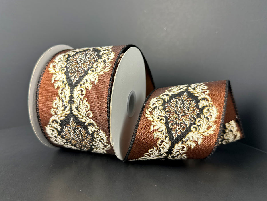 Brown Satin Black-Ivory-Gold Damask Center Ribbon 71693-40-38