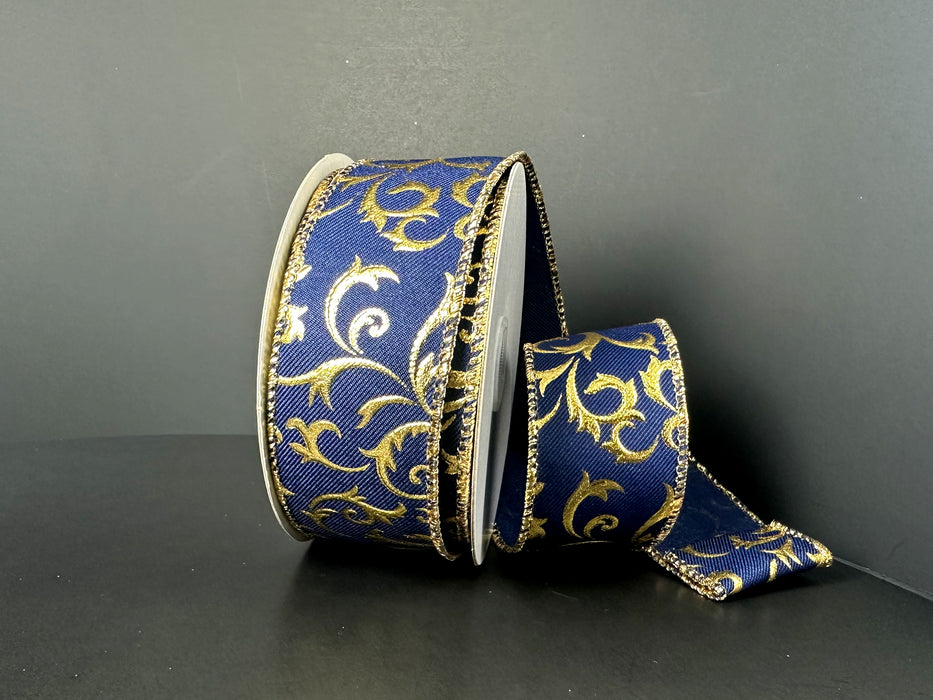 Navy Diagonal Linen Gold Embossed Swirls Ribbon 71696-09-27