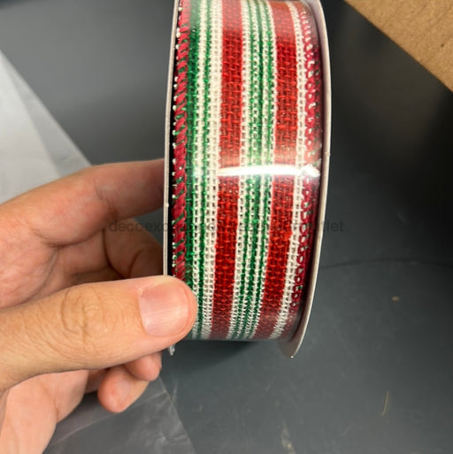 72151-09-08  Wht Burlap/Green-Red Vert Stripes, 1.5"X10Y - DecoExchange®