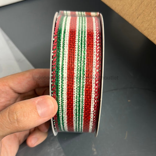 72151-09-08  Wht Burlap/Green-Red Vert Stripes, 1.5"X10Y - DecoExchange®