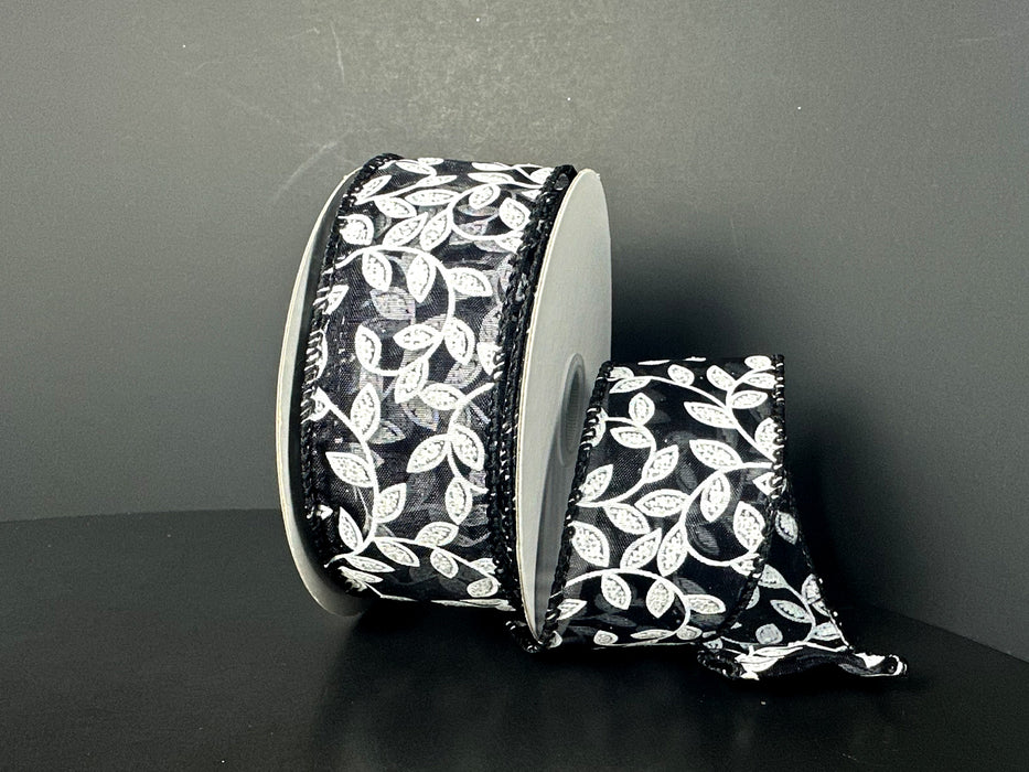 Black Sheer White Vine Swirls Ribbon 72600-09-21