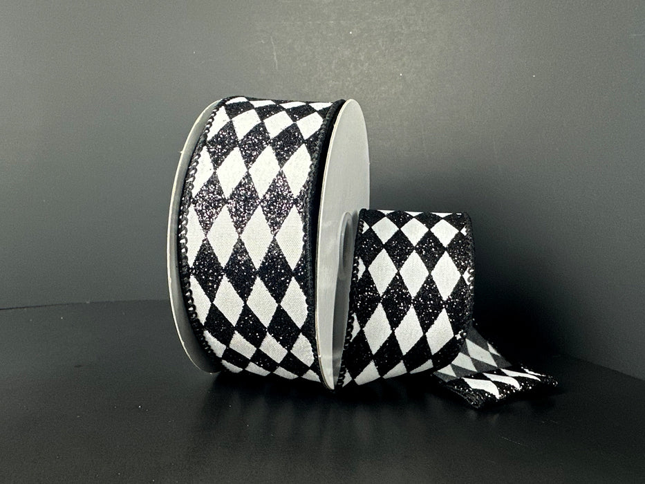 White Satin/Black Glitter Tiny Harlequin, 1.5"X10Y 72601-09-01