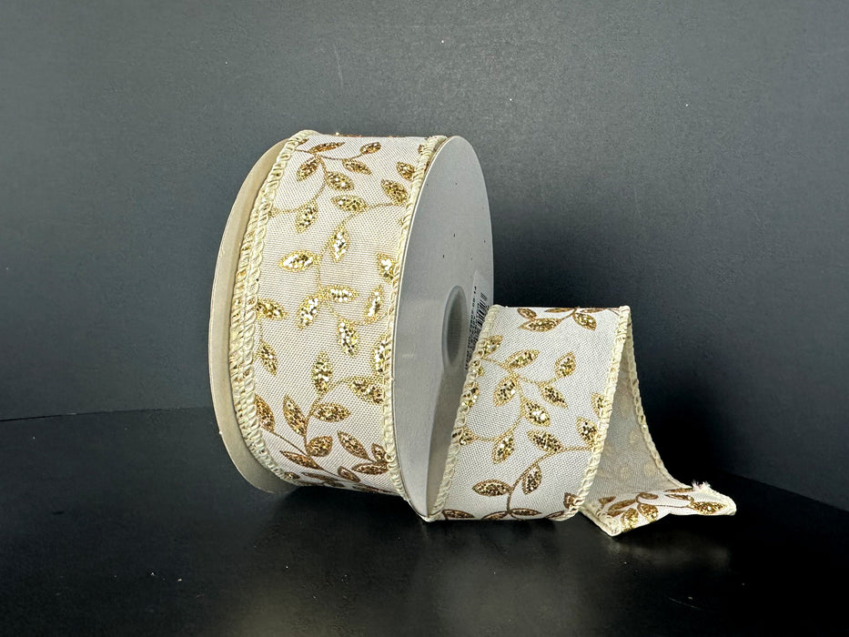 Ivory Satin Gold Vine Swirls Ribbon 72602-09-14