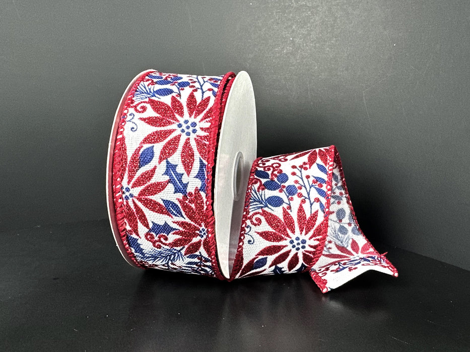 White Linen/Dk Red Glitter-Blue Poinsettias, 1.5"X10Y 72613-09-27