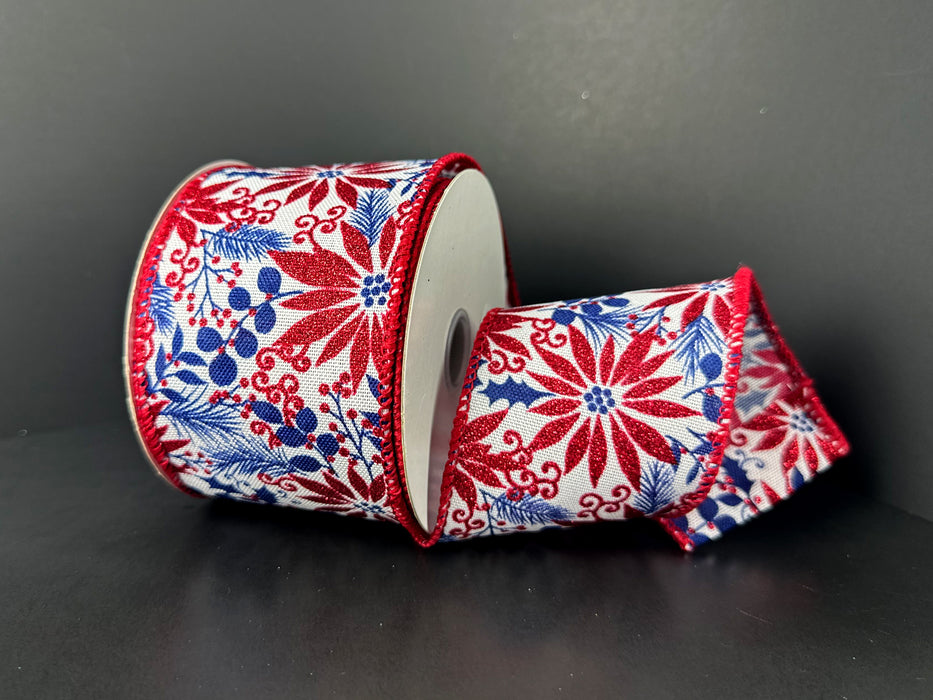 White Linen/Dk Red Glitter-Blue Poinsettias, 2.5"X10Y 72613-40-27