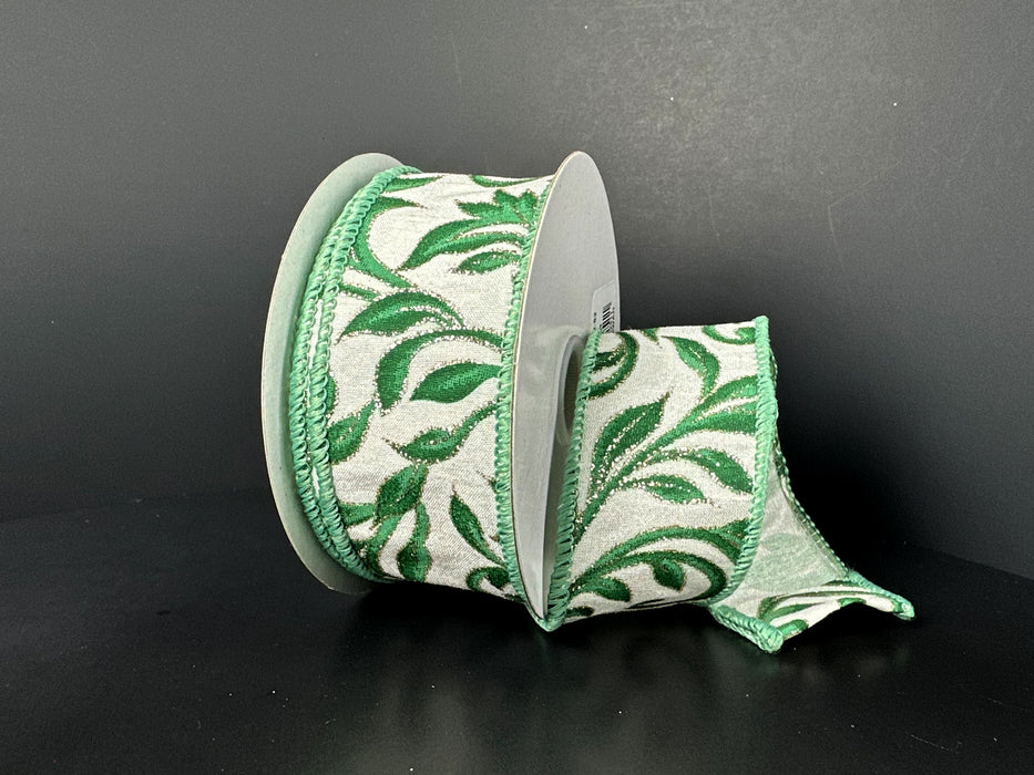 Ivory Dupioni Sage Green Vine Swirls Ribbon 72616-09-52