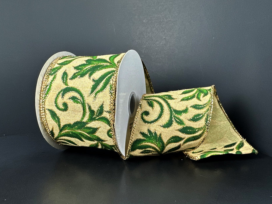 Gold Dupioni Dark Green Vine Swirls Ribbon 72616-40-15