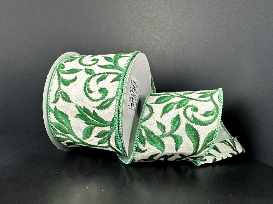 Ivory Dupioni Sage Green Vine Swirls Ribbon 72616-40-52