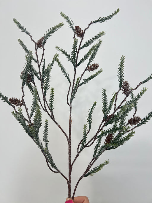 29" Spray Icy Sparkle Cypress Pine With Faux Birchcones IP510273 - DecoExchange®