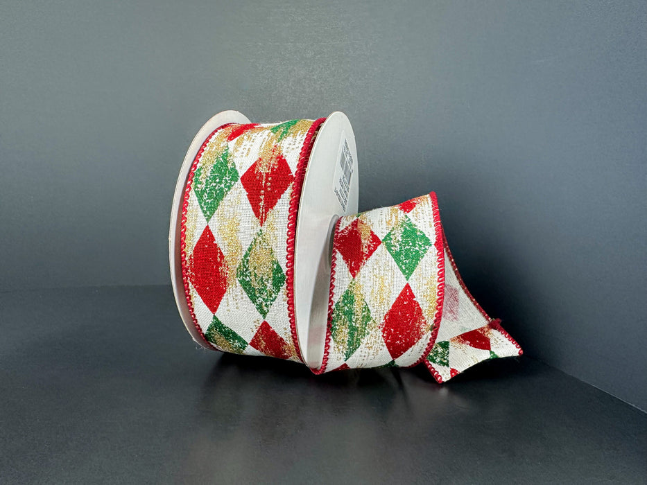 Cream Canvas/Dk Red-Green Faded Harlequin/Gold Metallic, 1.5"X10Y 73523-09-17