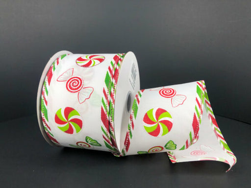 White Satin/Green-Red Christmas Candy-Edge, 2.5"X10Y 75215-40-01