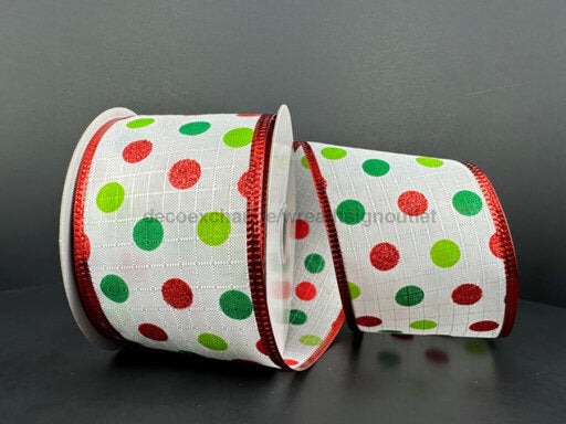 76306-40-12 White Textured Linen/Green-Red Glitter Dots-Red Metallic Edge 2.5’X10Y Ribbon