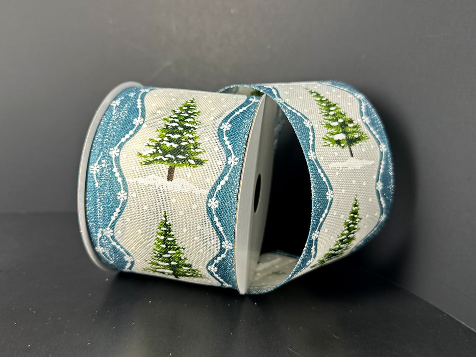 White Linen-Snowy Tree/Blue Wavy Edge, 2.5"X10Y 76603-40-33