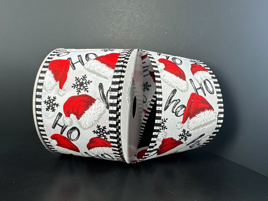 White Satin Santa's Hats Ho Ho Ho Black-White Edge Ribbon 76616-40-20
