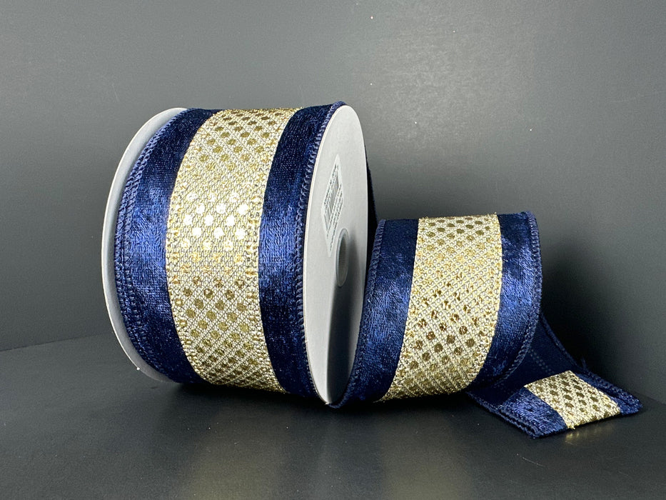 Gold Dragonscale Dots Navy Velvet Edge Ribbon 76638-40-27