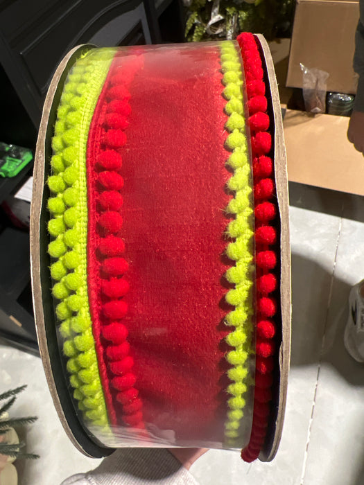 3" x 10 yd Dupion Red Lime Green Pom Pom Trim 05-1892