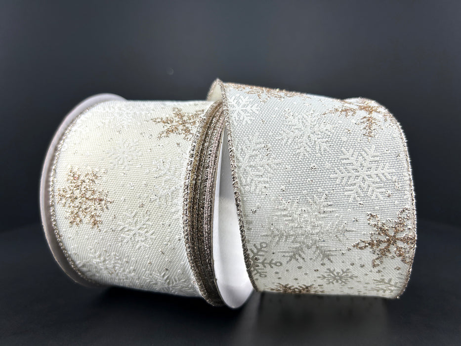 Cream Linen Champagne Glitter White Matte Snowflake Ribbon 78474-40-14