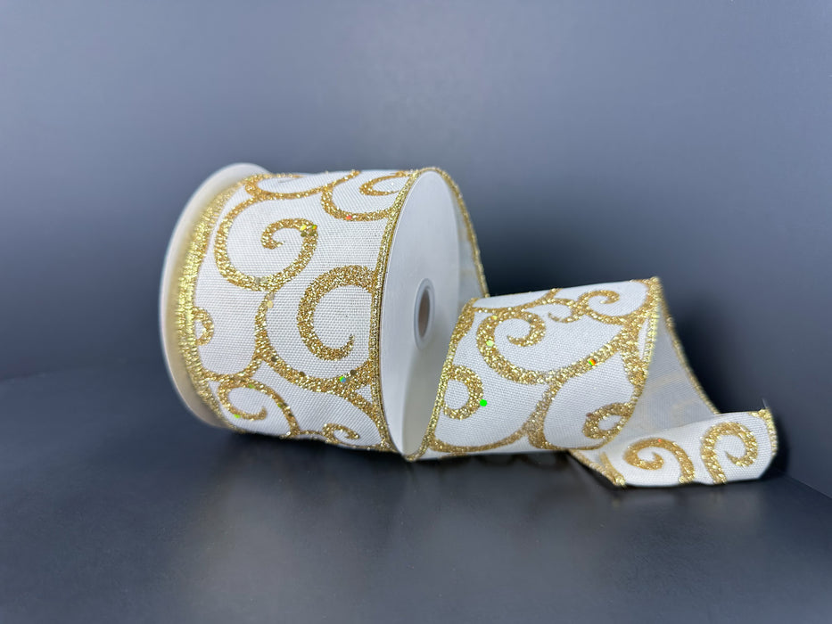 Ivory Linen Big Gold Glitter Swirls Ribbon 78516-40-41