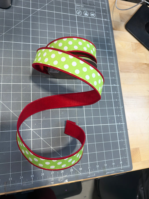1.5” X 10Yds Dupion Polka Dot Red Backing, Lime Green White 05-2238