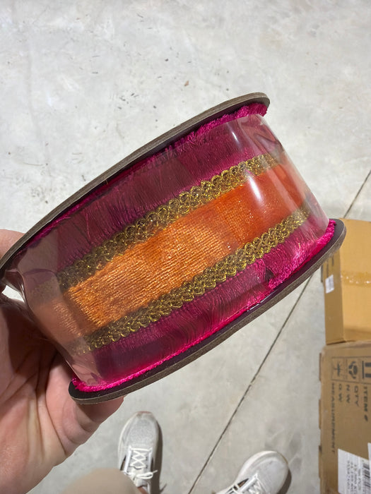 2.25“ x 10yds velvet gold trim hot pink fringe edge, orange