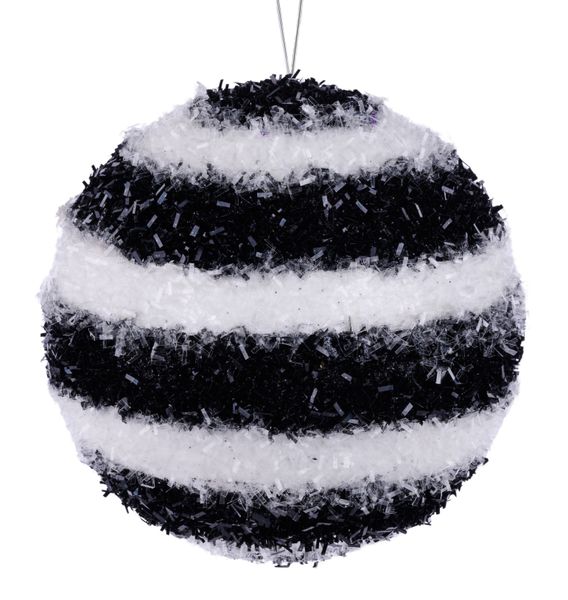 4"DIA V-cut Foil Stripe Ball Orn Black/White XJ5605M9