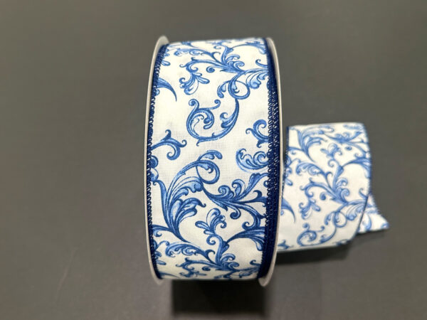 White Satin/Blue Chinoiserie Swirls, 2.5"X50Y 841-40-637