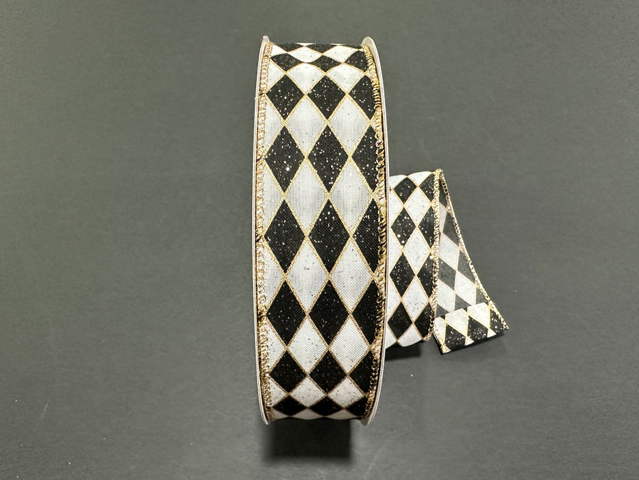 White Glitter Satin Black-Gold Metallic Harlequin Ribbon 871-09-528