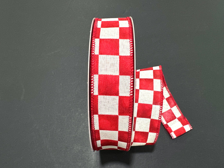 Ivory Linen Red Watercolor Check Ribbon 871-09-624