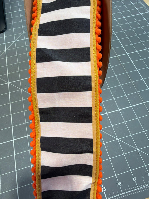 2.5"X10YD Wired Dupioni Ribbon Black/White Stripe w/ Gold & Orange Pom Pom Edging, Satin Orange Backing 9803W-031-63E