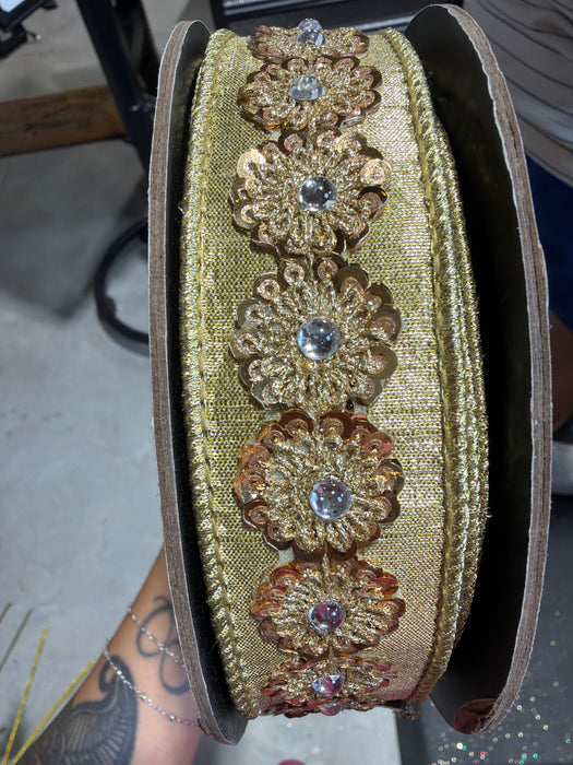 1.5” X 10Yds Metallic Dupion Gold Sequin Trim, Gold 05-1508